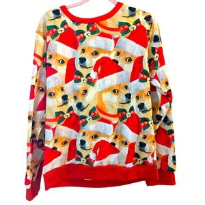 Women’s size Medium Dog with Santa hat patterned crew neck sweater
